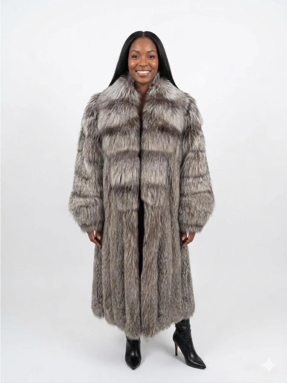 Vintage Silver Fox Fur Coat – Full Length Cross Fox Shawl Collar Belted Size Med